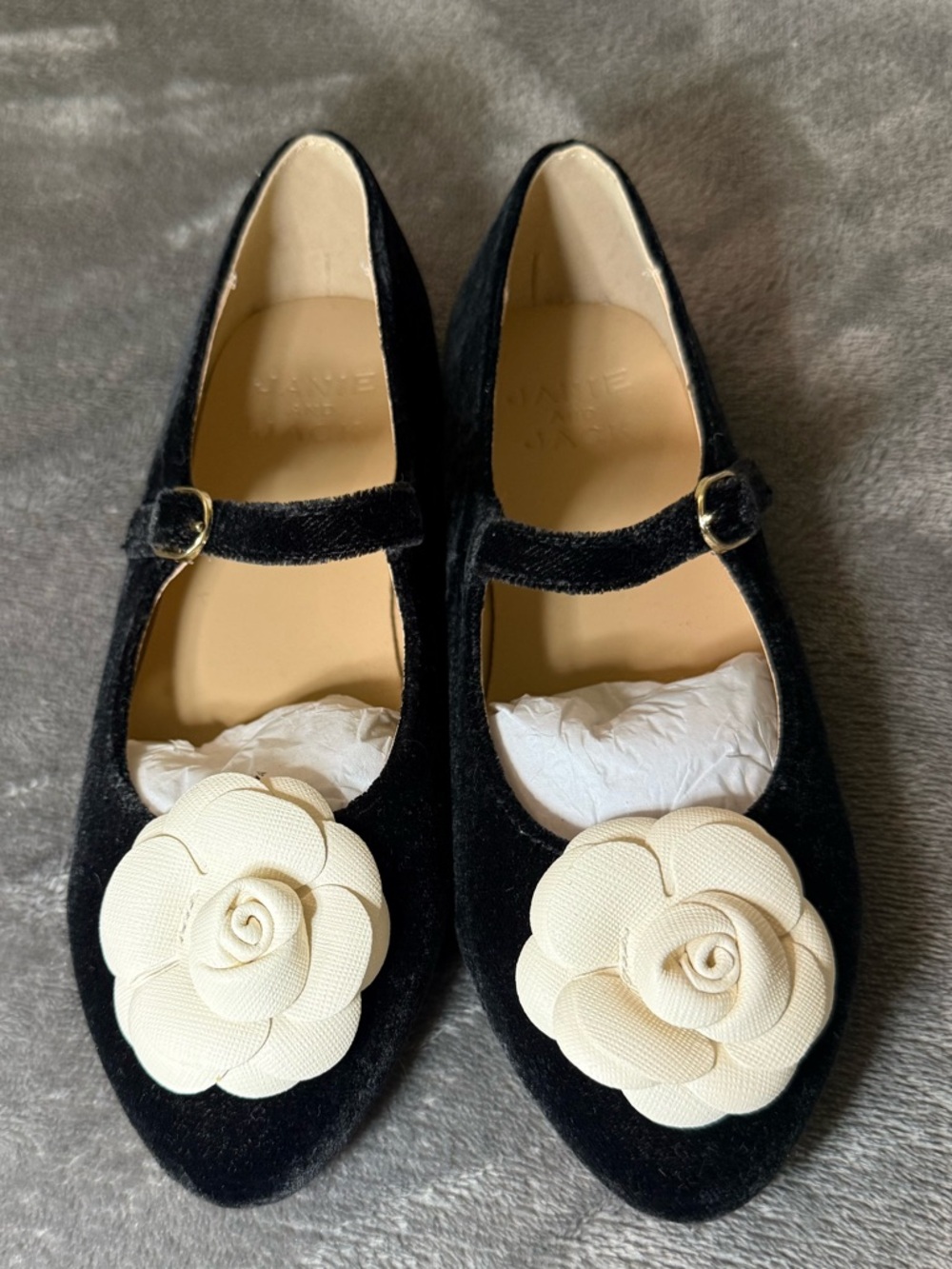 Janie and Jack Black Velvet Mary Jane Flats with Cream Rose Accent